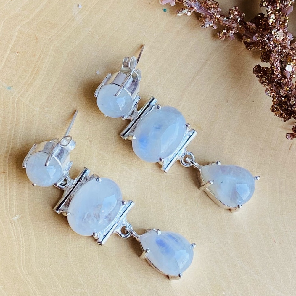 Rainbow Moonstone Silver Stud/ Dangle Earrings - image 1